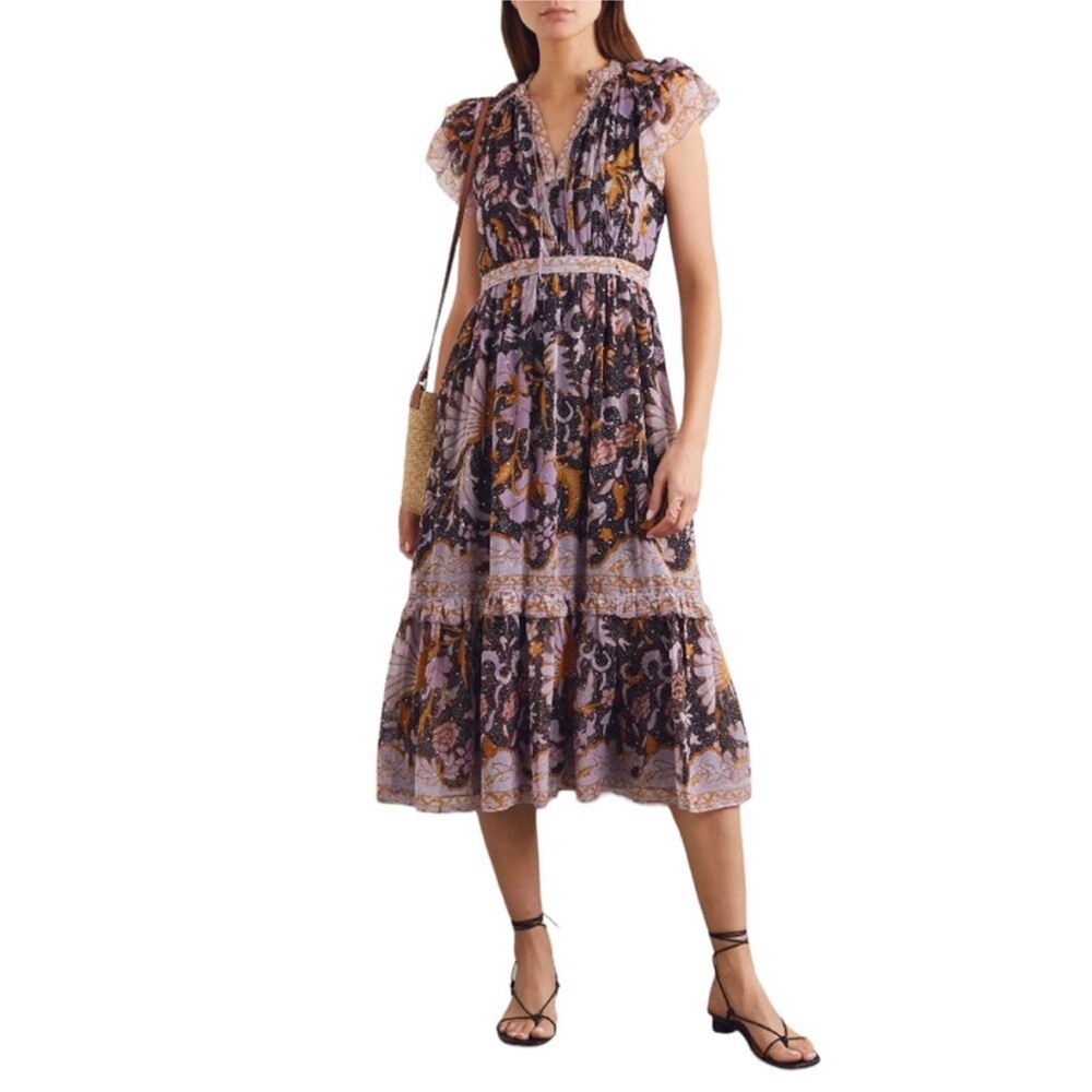 Ulla Johnson RARE Celestia‎ Ruffled Printed Midi Dress Midnight Size 0 Metallic - Picture 17 of 17